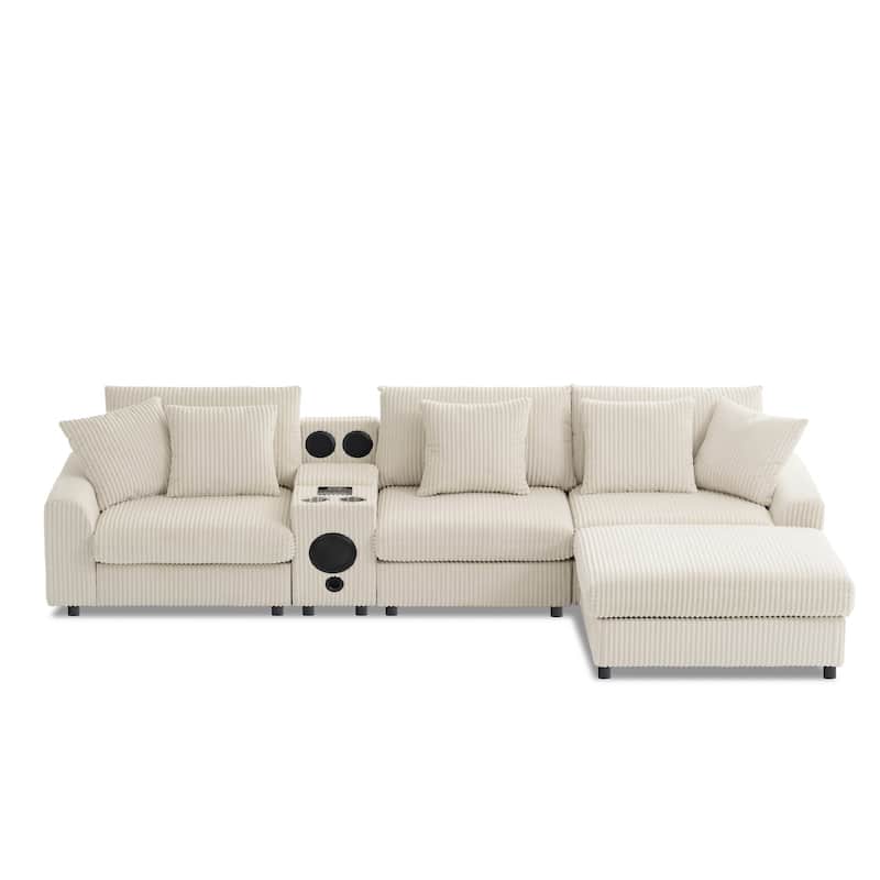 Corduroy Sectional Sofa With Bluetooth Speakers,L Shaped Couch With Console,Usb Charger,Cup Holders,Storage,Ottoman