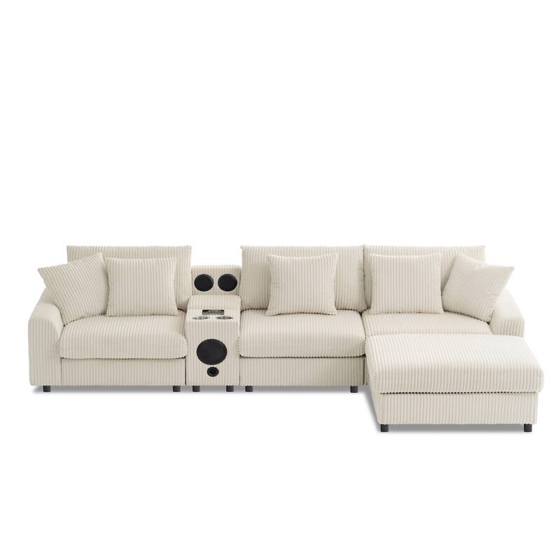 Modular Corduroy Sectional Sofa with Bluetooth Speakers, Charging Ports, Cup Holders, Storage and Ottoman for Living Room