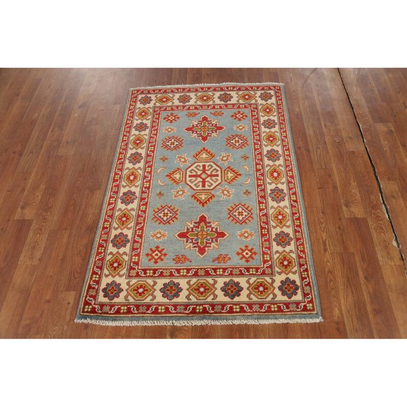 Light Blue Kazak Foyer Rug Handmade Geometric Wool Carpet - 2'8"x 4'0"