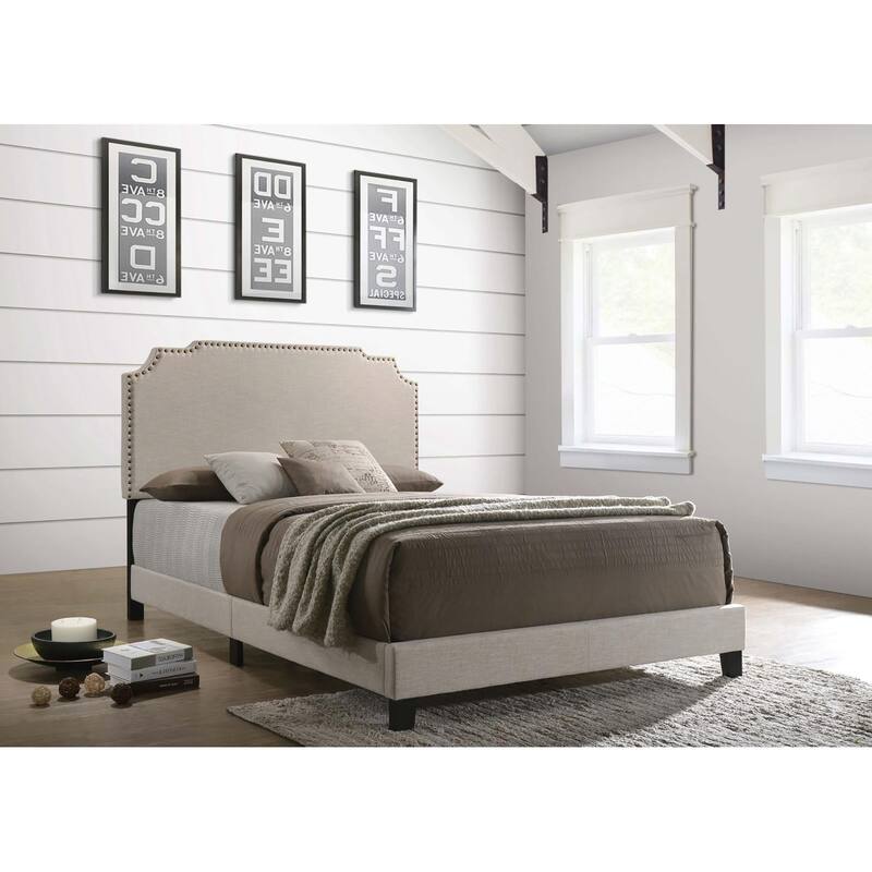 Beige Queen Panel Bed with Nailhead Trim and Art Deco Headboard - Beige