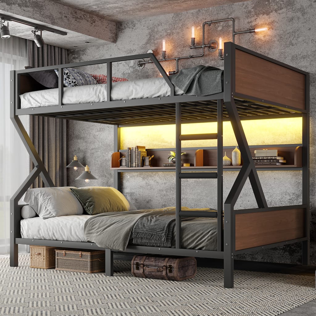Queen over Queen Bunk Bed, Metal Bunk Bed with Storage Shelves and Lights, Space-saving & Noise-free Design, Black