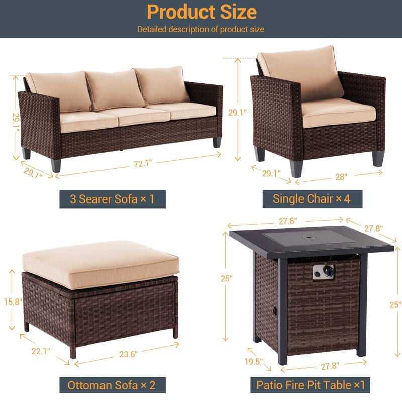 Livoosun 8 Pieces Patio Sofa with 28'' Fire Table Set, PE Wicker, Wide Armrests High Back Sofa Chair Design for Lawn, Patio