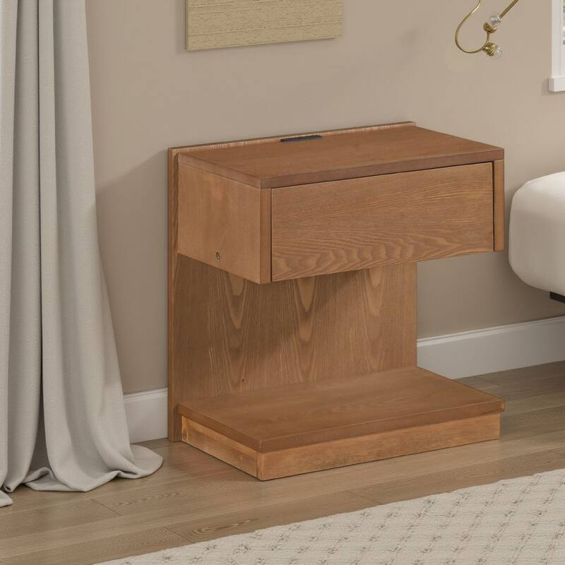 C Shaped End Table, 1 Drawer USB Port, 18 Inch, Wire Brush Brown Wood