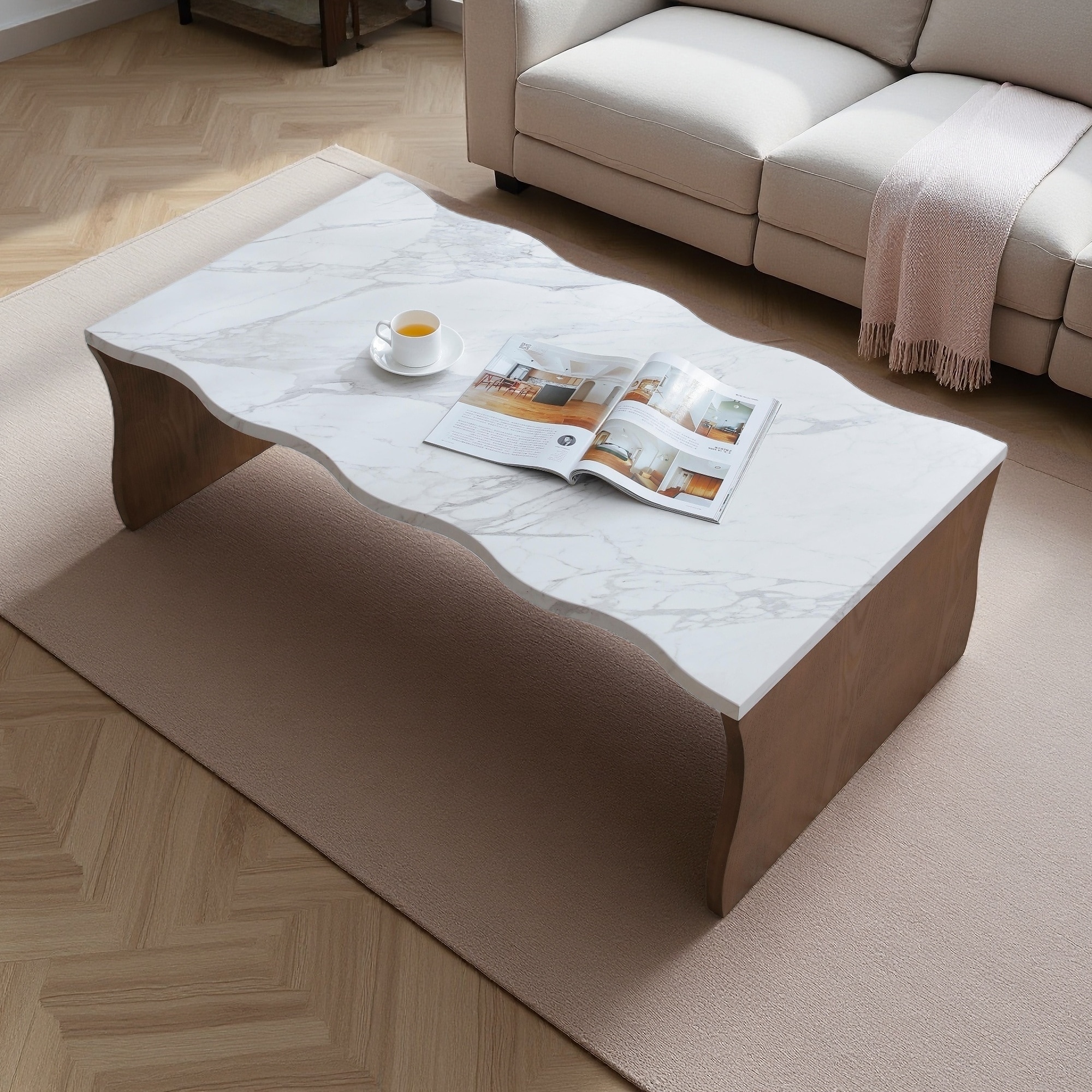 Faux Marble Coffee Table with Wavy Artistic Base