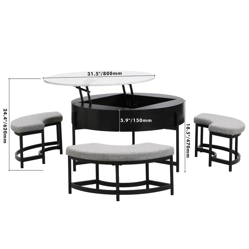Modern Round Lift-Top Coffee Table with Hidden Storage & 3 Ottomans by Harper&Bright Designs