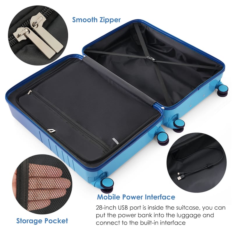 Luggage Set of 3 with USB Port, Front Opening Design Airline Certified Carry on Luggage w/Expandable Travel Bag and Cup Holder