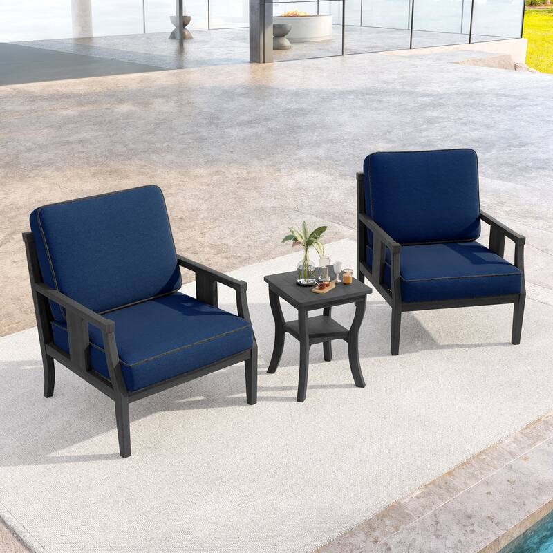 3-Piece Teak Wood Outdoor Armchair Set with Side Table, Cushions, Patio Seating Sets