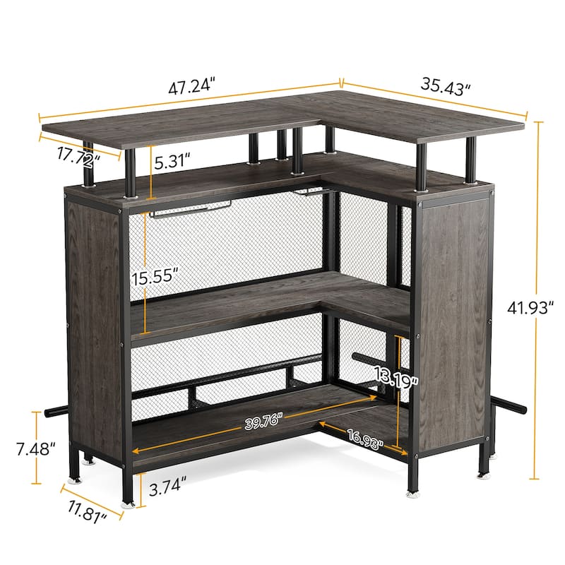 L-shape Home Bar Unit, Liquor Bar Table with 2-Tier Storage - N/A