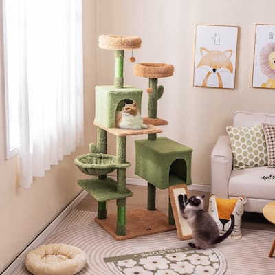 Green Multi-level Cactus Cat Tree with Scratching Posts Ladder Double Condos and Toys Bed - 23" x 19"