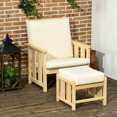 Outsunny 2-Piece Outdoor Patio Furniture Set, Wooden Lounge Chair Set, Armchair with Ottoman & Thick Cushions