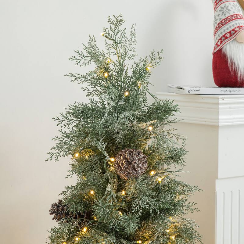 Glitzhome 4ft/5ft/6ft Flocked Pine Christmas Potted Porch Tree With Warm White Lights