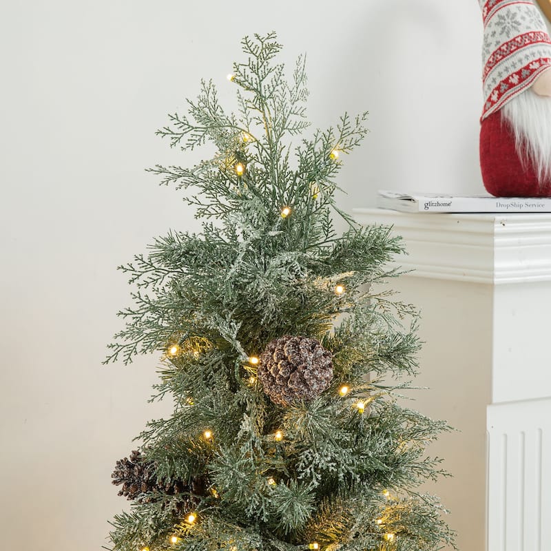 Glitzhome 4ft/5ft Pre-Lit Pine Artificial Christmas Porch Tree with Warm White Lights and Silver Pot