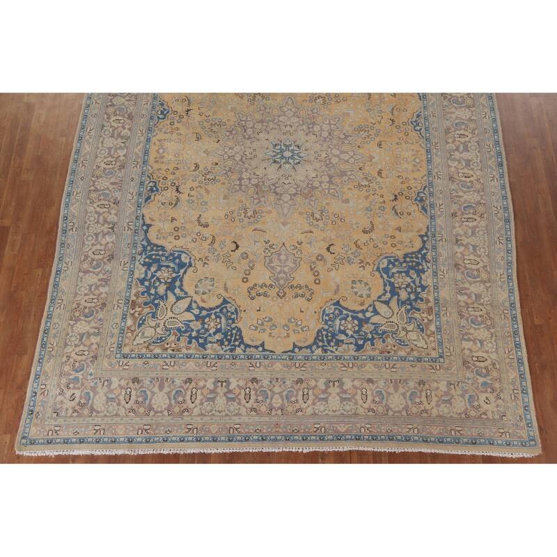 Hand Knotted Oriental 100% Wool Carpet Traditional Floral Yellow & Gold Mashad Area Rug - 12' 8'' X 9' 7''