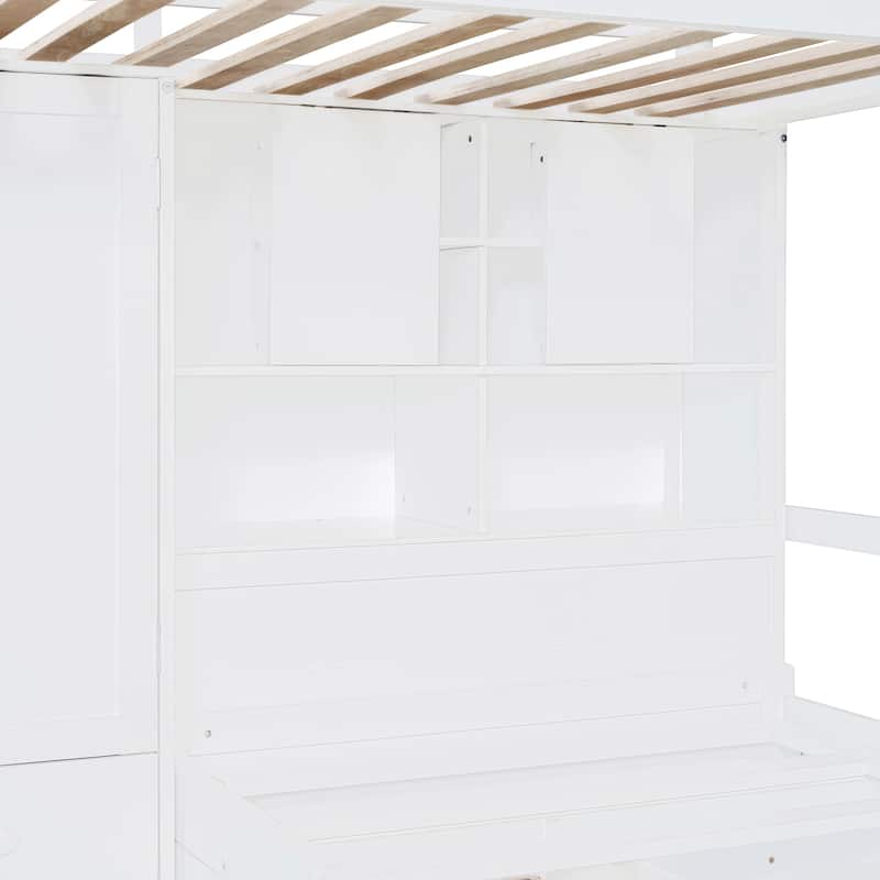 Twin over Twin Wooden Bunk Bed with Built-In Wardrobe Design and 6 Drawers,Hydraulic Lift Storage Bed