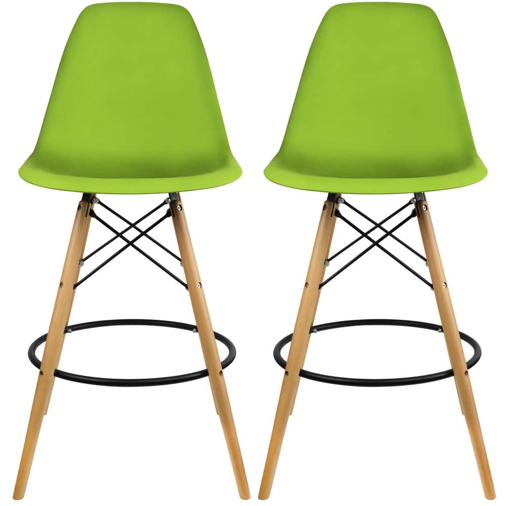 Set of 2 Modern 28" Color Seat Height DSW Molded Armless Plastic Counter Bar Stool Natural Wood Eiffel Dowel Legs Kitchen