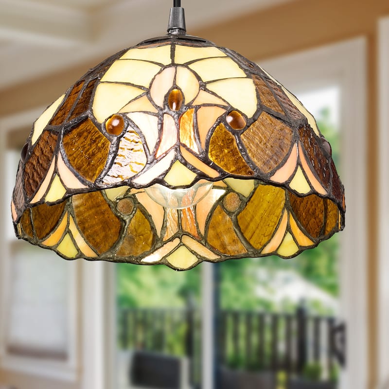 Halston River of Goods Stained Glass and Metal 10-Inch Pendant Light with Adjustable Hanging Cord - 10" x 10" x 72.5"