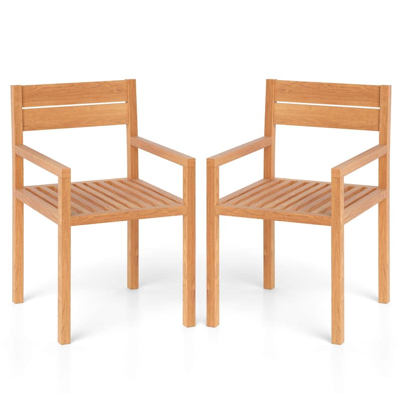 1/2/4 PCS Patio Teak Wood Dining Chair Outdoor Wooden Armchair - 2-Piece