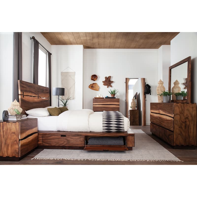 Smokey Walnut and Coffee Bean Queen Platform Storage Bed with Tall Metal-Accented Headboard Design