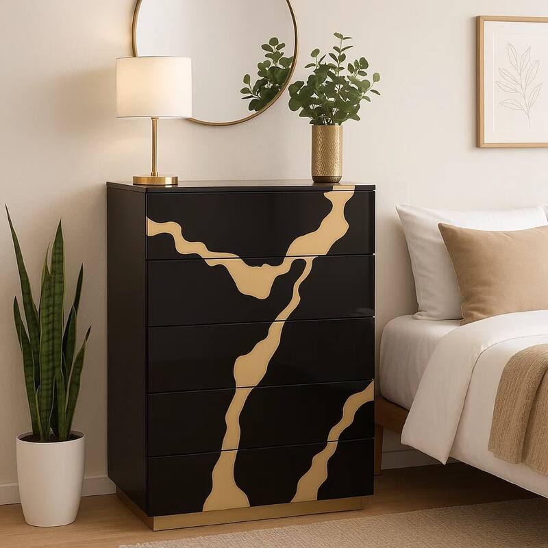 Goldie 5 Drawer Tall Dresser Chest, Black and Gold Wood, Bedroom Storage