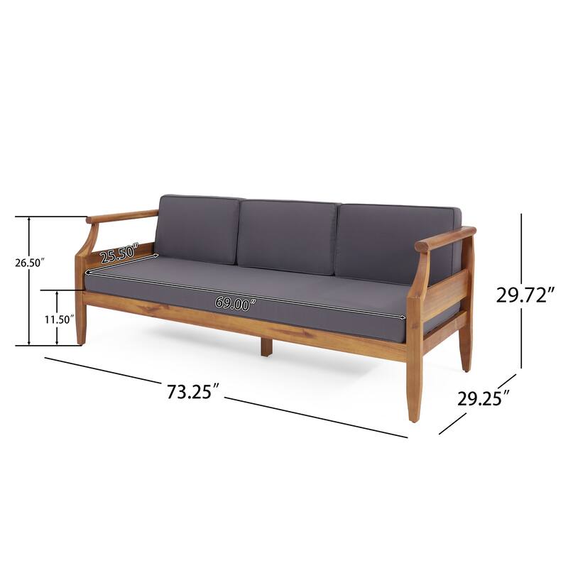 Gail Outdoor Sofa, Dark Gray Cushions, Natural Brown Acacia Wood Frame