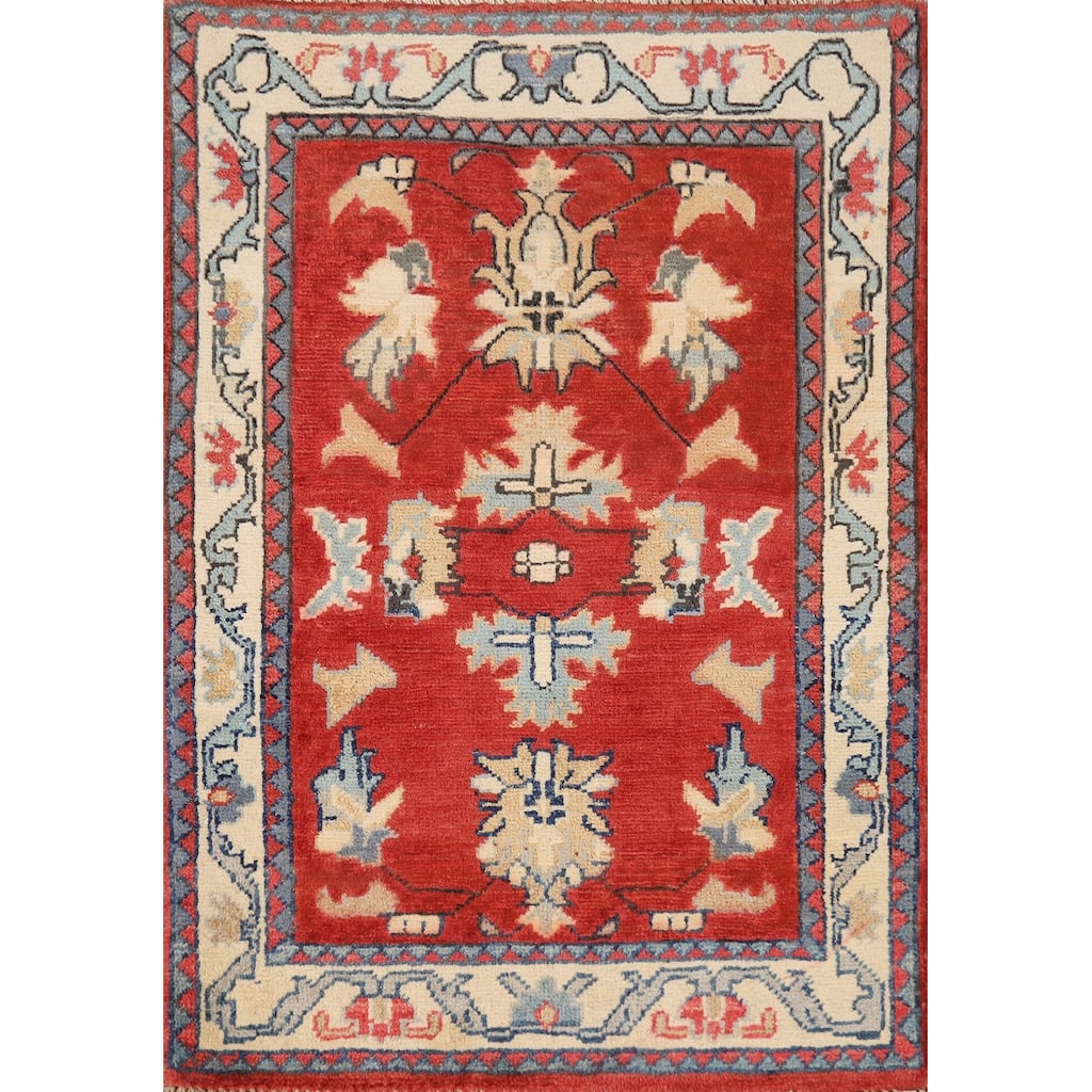 Traditional Kazak Rug Hand-Knotted Oriental Red Wool Carpet - 2'0"x 3'0"
