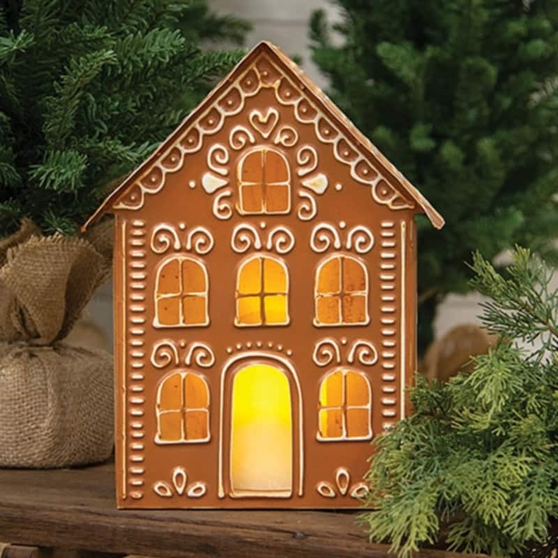 Metal Gingerbread House Christmas Luminary Decor with Cutout Windows Distressed Brown - 12” high by 9” wide by 4.75” deep