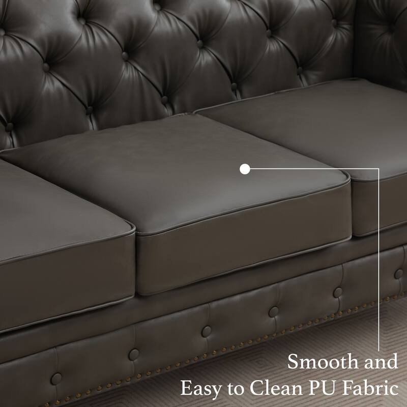 Vintage PU Button-Tufted Sofa Couch, Flared Arms, Rubberwood Legs & Nailhead Trim