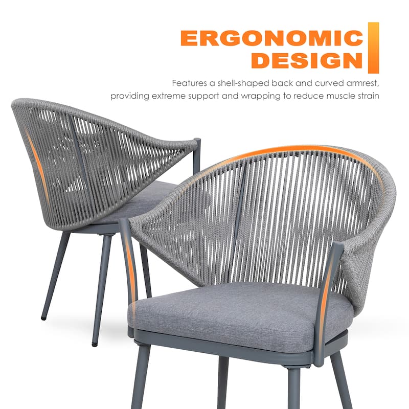 Aluminum Patio Outdoor Dining Chair Woven Rope Armchair with Removable Gray Cushion (2-Pack)