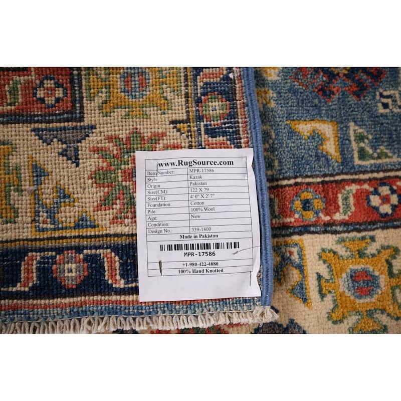 Blue Kazak Foyer Rug Handmade Floral Wool Handmade Wool Carpet - 2'7" x 4'0"