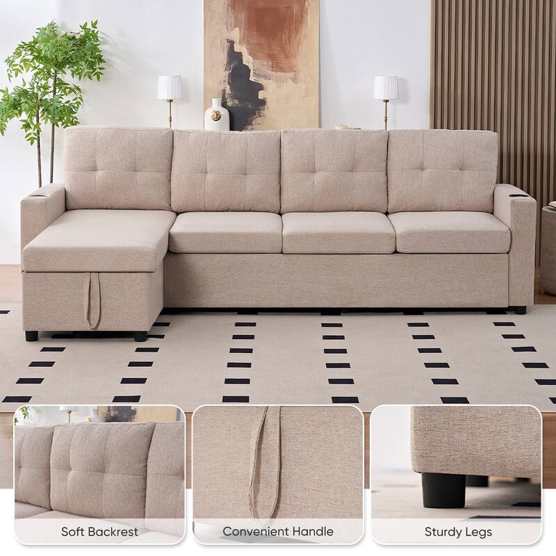 Mixoy 101"Linen 4-Seater Modular Sofa with Storage Chaise,Sleeper Sofa with Pull-out Bed