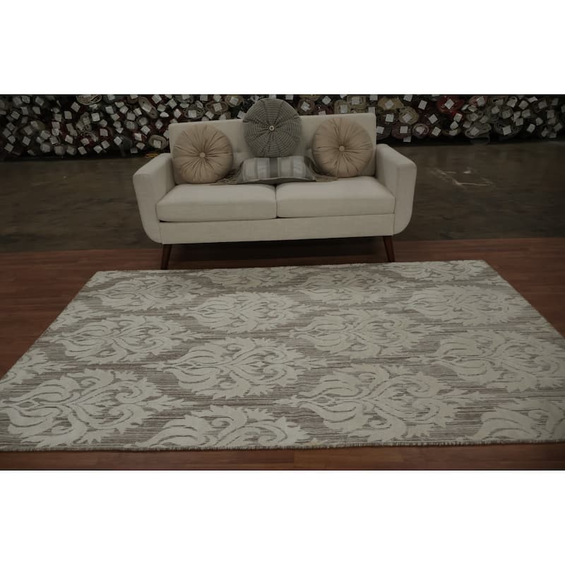 Hand Knotted Oriental 100% Wool Carpet Modern Damask Beige & Ivories Contemporary Area Rug - 8' 0'' X 5' 0''