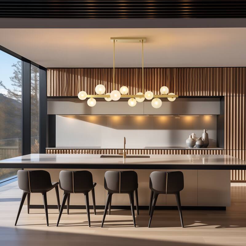 12-Light Modern Linear Cluster Chandelier with Frosted Glass Globes, Mid-Century Modern Pendant Light