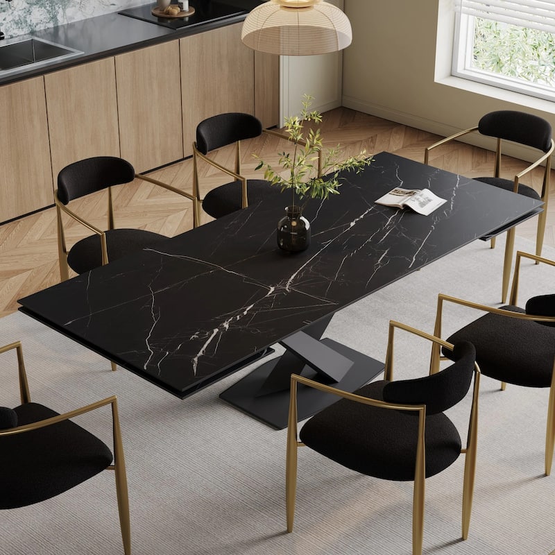 9 - Piece 94.48'' Modern Minimalist Extendable Sintered Stone Top Dining Set with 8 Fabric Chairs