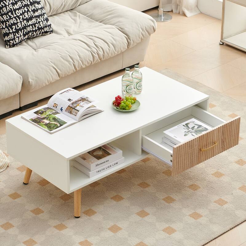 Rectangle Coffee Table with Solid Wood Legs, Sliding Drawer for Storage, Modern Table for Living Room