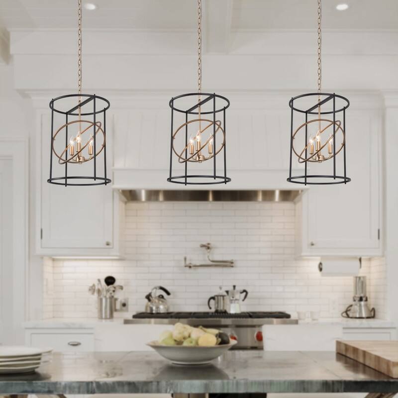Malryn Modern Geometric Cylinder 3-Light Black Gold Island Pendant Lights - D14"x H17.7"