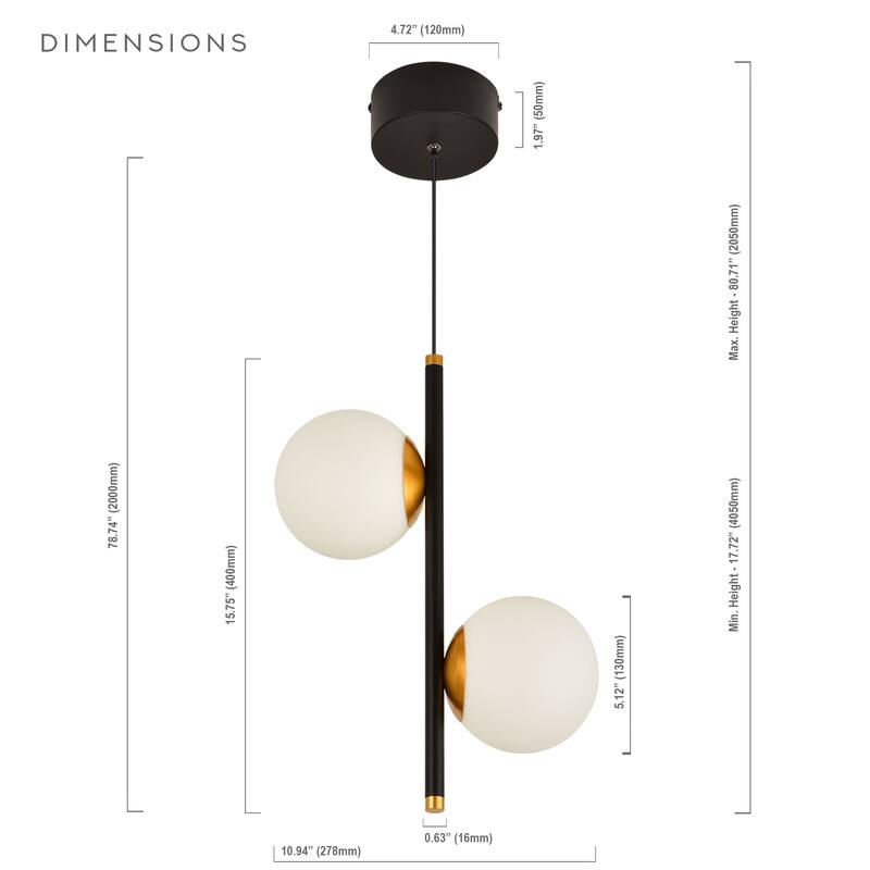 VONN Lighting Capri VCP2202BL 11" 2-Light ETL Certified Integrated LED Black Pendant Light Fixture with Glass Shades