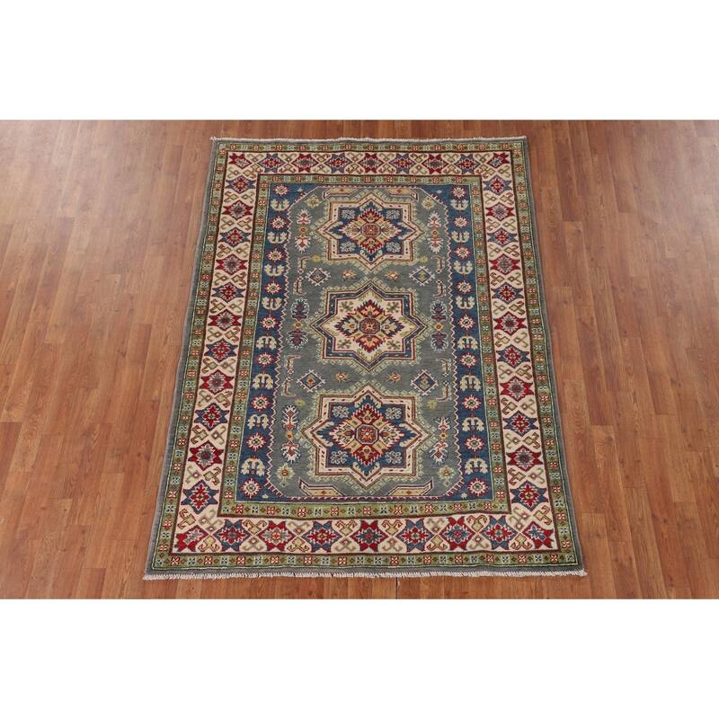 Geometric Kazak Rug Hand-Knotted Grey Wool Carpet - 4'11" x 6'9"