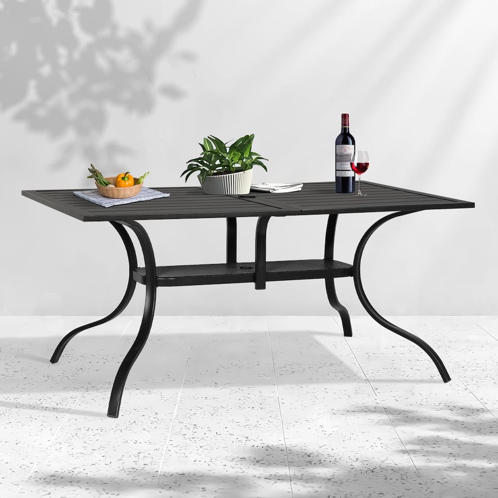 60" x 37" Outdoor Patio Rectangular Metal Slatted Dining Table with Umbrella Hole for 6 Person