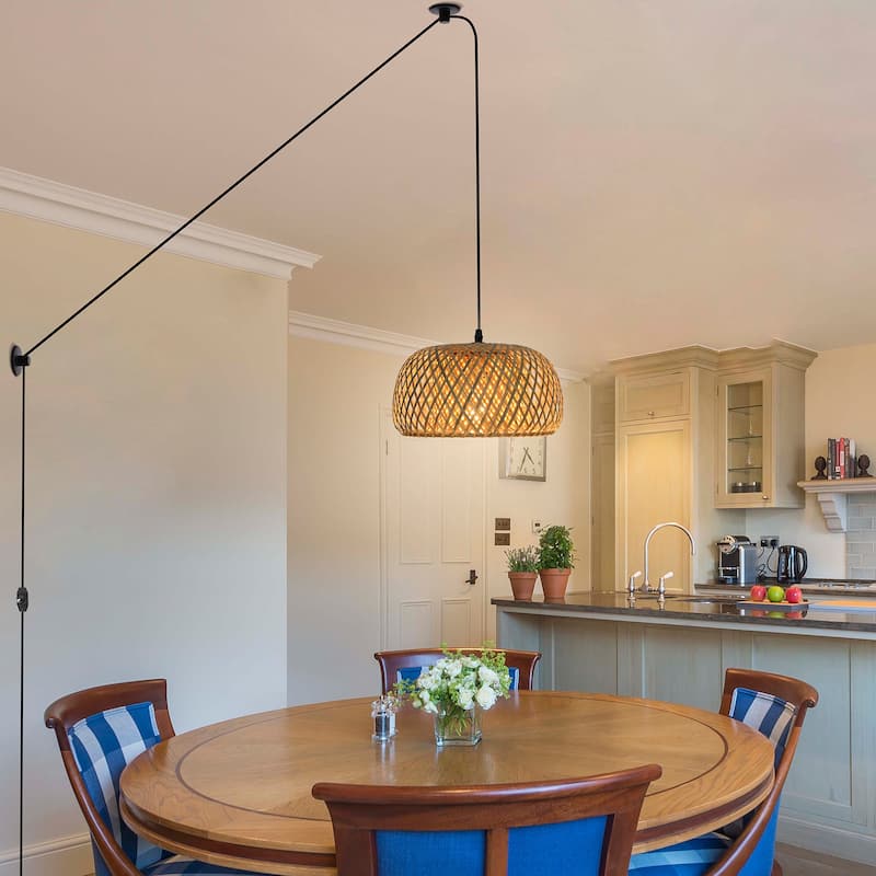 1-Light Hanging Lights with Plug in Cord Rattan Pendant Light - 11.8inch