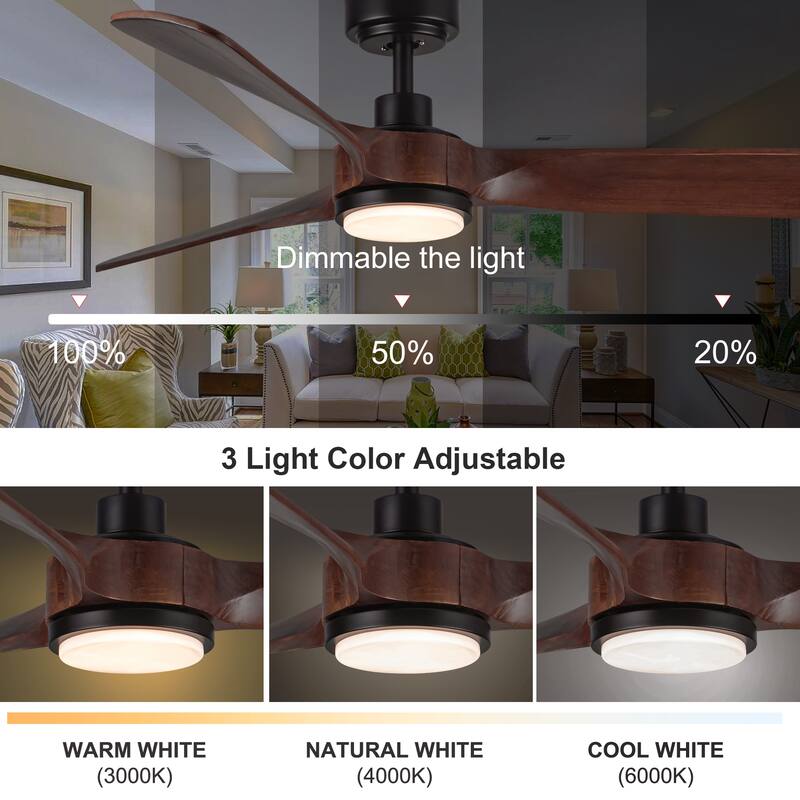 YUHAO SylvanAir Modern 52 in. Flush Mount Outdoor/Indoor Ceiling Fan with 3 Solid Wood Blades and DC Reversible Motor