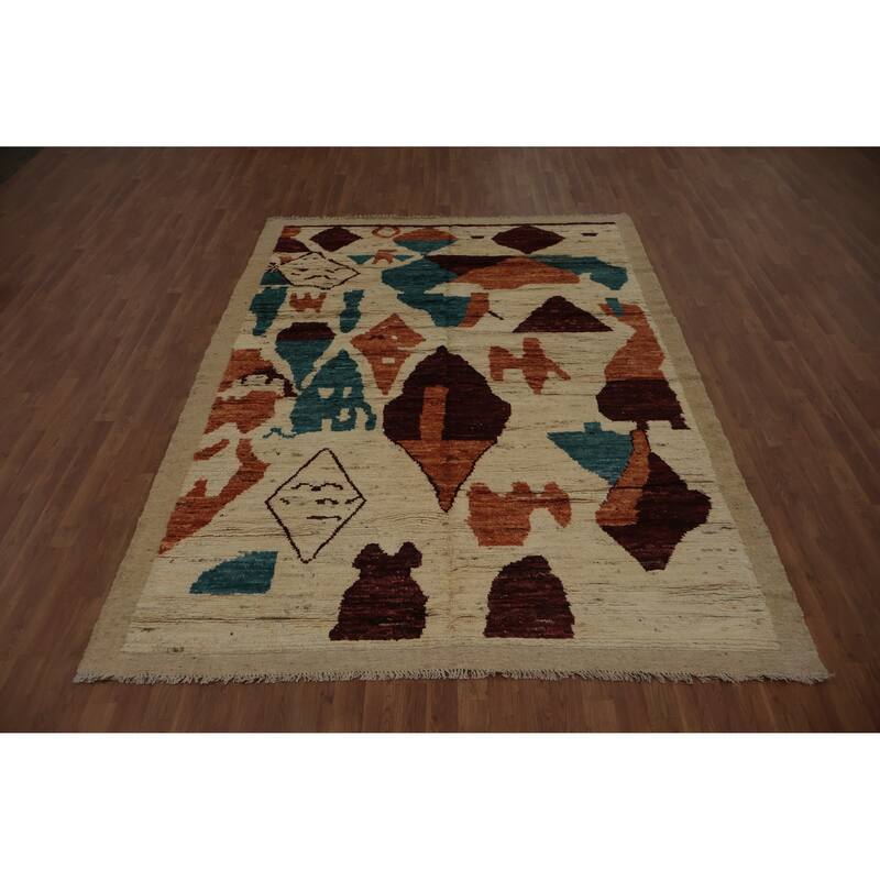 Hand Knotted Oriental 100% Wool Carpet Modern Geometric Beige & Ivories Moroccan Area Rug - 9' 7'' X 6' 10''