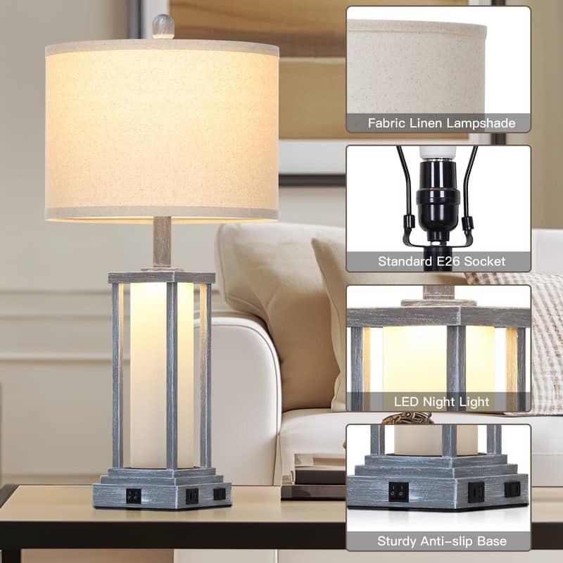 27" Grey Industrial Table Lamps with USB-C Charging, Dual Lighting(Set of 2) - 12.5'' x 12.5'' x 27''