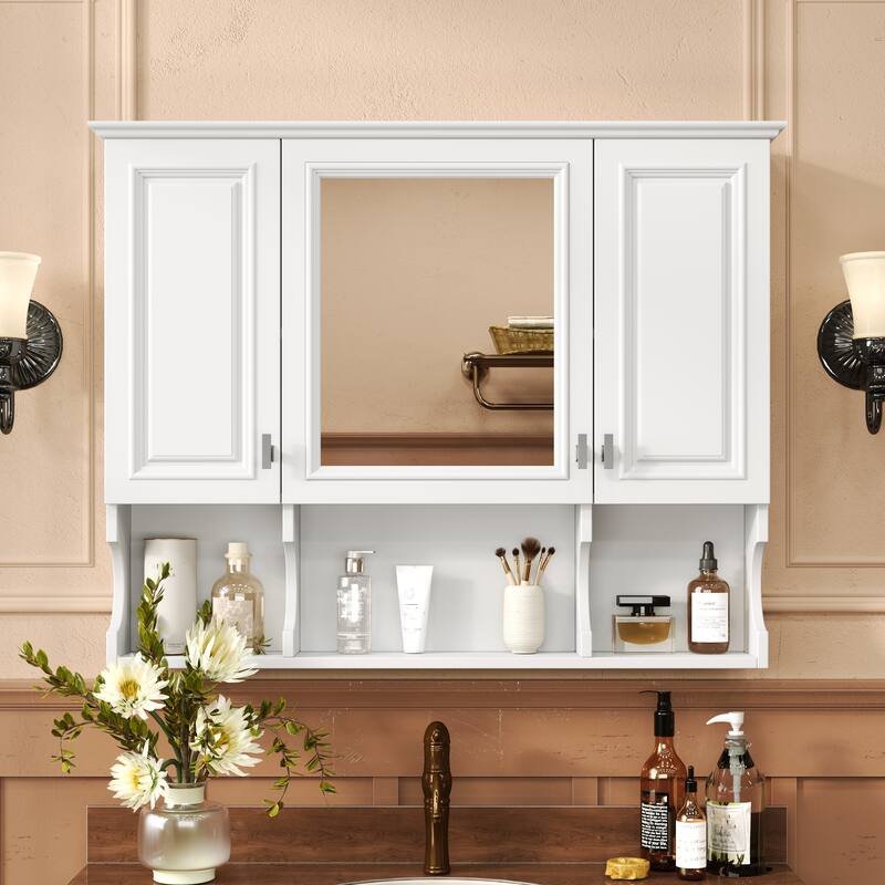 35'' x 28'' Wall Mounted Bathroom Cabinet, Modern Bathroom Wall Cabinet with Mirror and Open Shelves - White