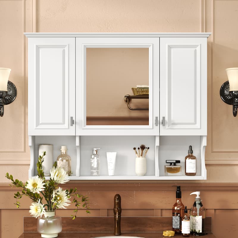 Bathroom Medicine Cabinet with Groove Design, Wall Cabinet with Mirror, Open Compartments of Curved Panls and Silver Handles