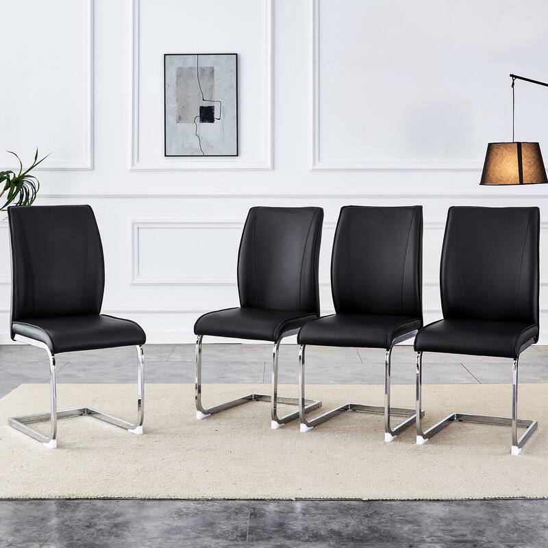 Luxury Simple Arch Chair - Set of 4, Black PU Material High Resilience Dining Chair, with Arched Metal Silver Leg