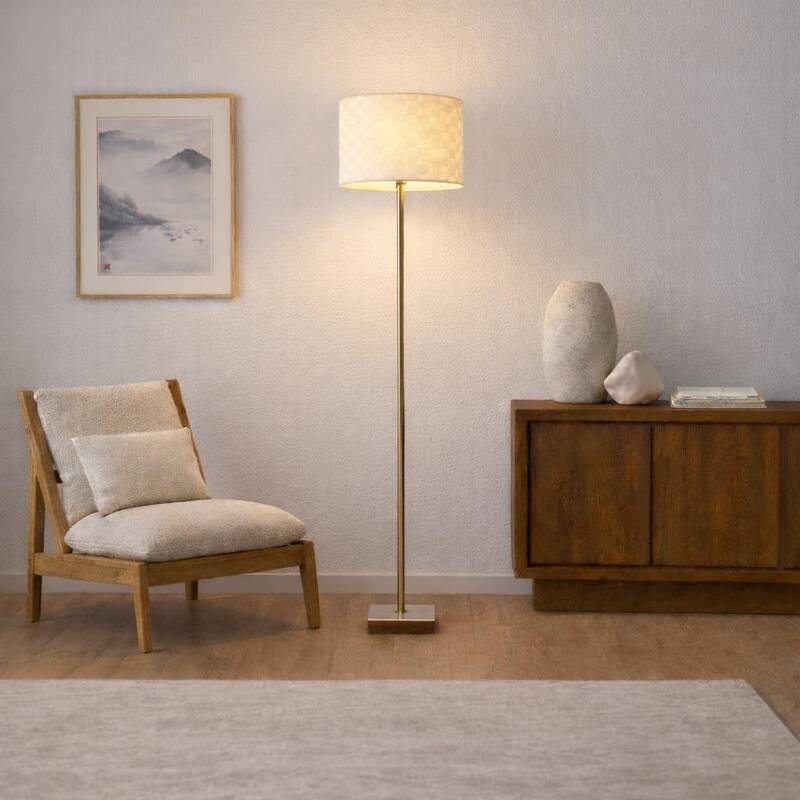Ellen Floor Lamp with Woven Shade and Marble-Wood Base - Gold