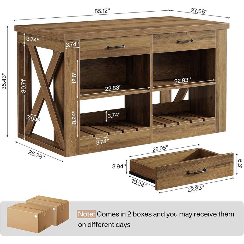 Kitchen Island with Drawers and Shelves, 55" Farmhouse Stationary Island Table