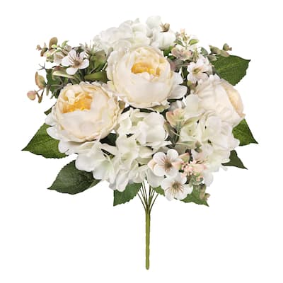 Set of 2 Ivory Cream Artificial Mixed Peony Hydrangea Blossom Flower Stem Bush Bouquet 17in - 17" L x 11" W x 11" DP