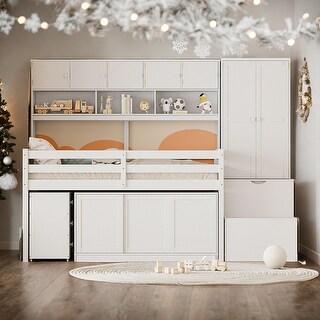 Efficient Full Size Wooden Loft Bed Big Storage, Under-bed Desk, Drawers and Integrated Wardrobe, Mobile Workstation, White