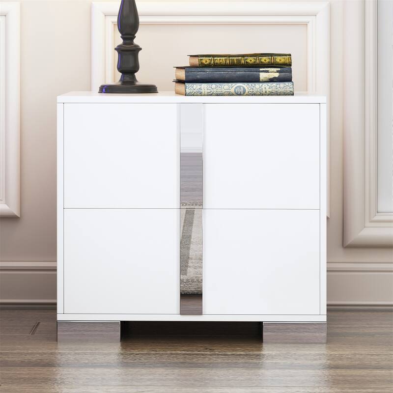 Nightstand with Metal Foot, Mirrored Bedside Table with 2 Drawers